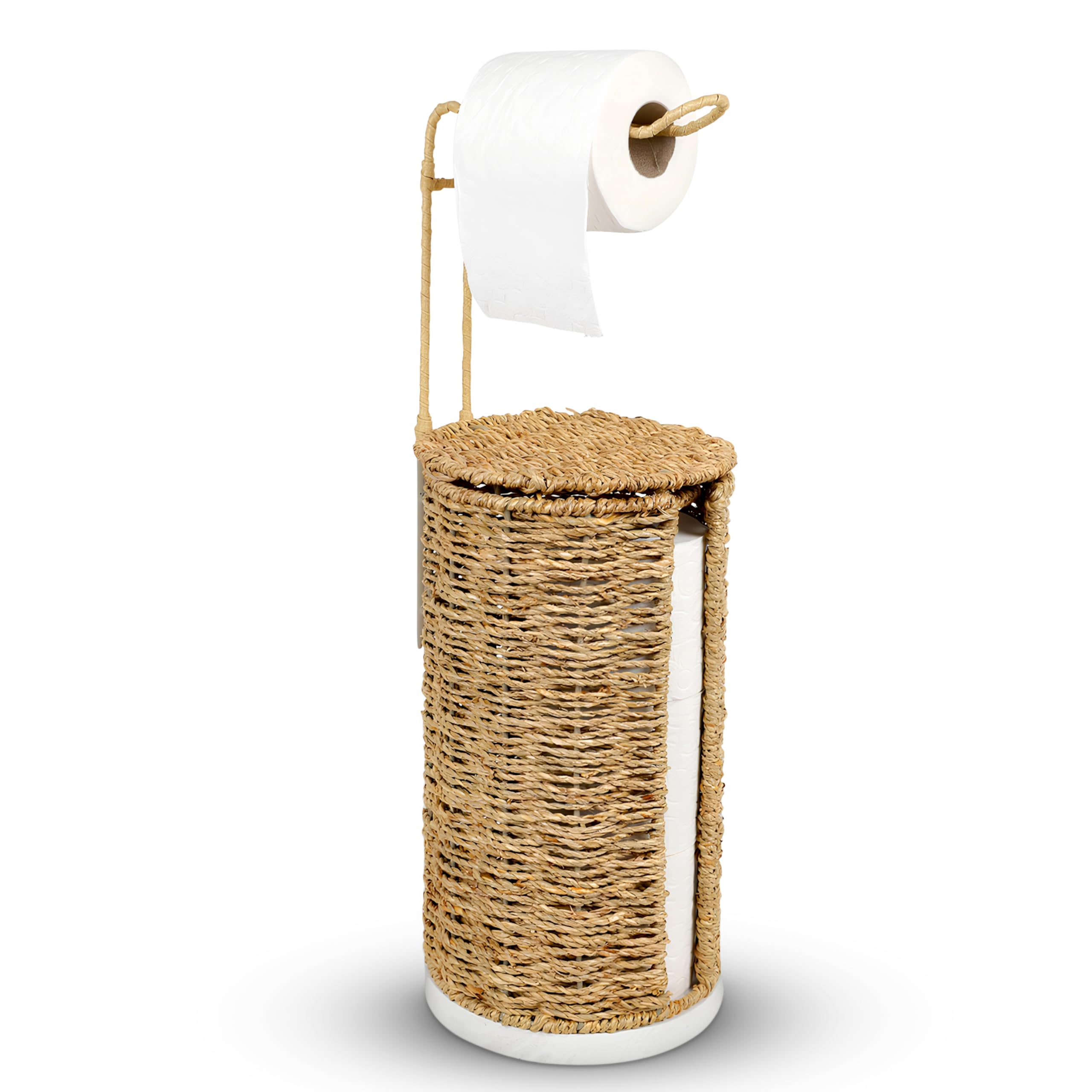 Photo 1 of Freestanding Wicker Toilet Paper Holder with Lid, 3 Rolls of Toilet Tissue Storage, Rattan Handmade Woven Toilet Paper Roll Holder Stand, Decorative Boho Bathroom Farmhouse Toilet Paper Holder