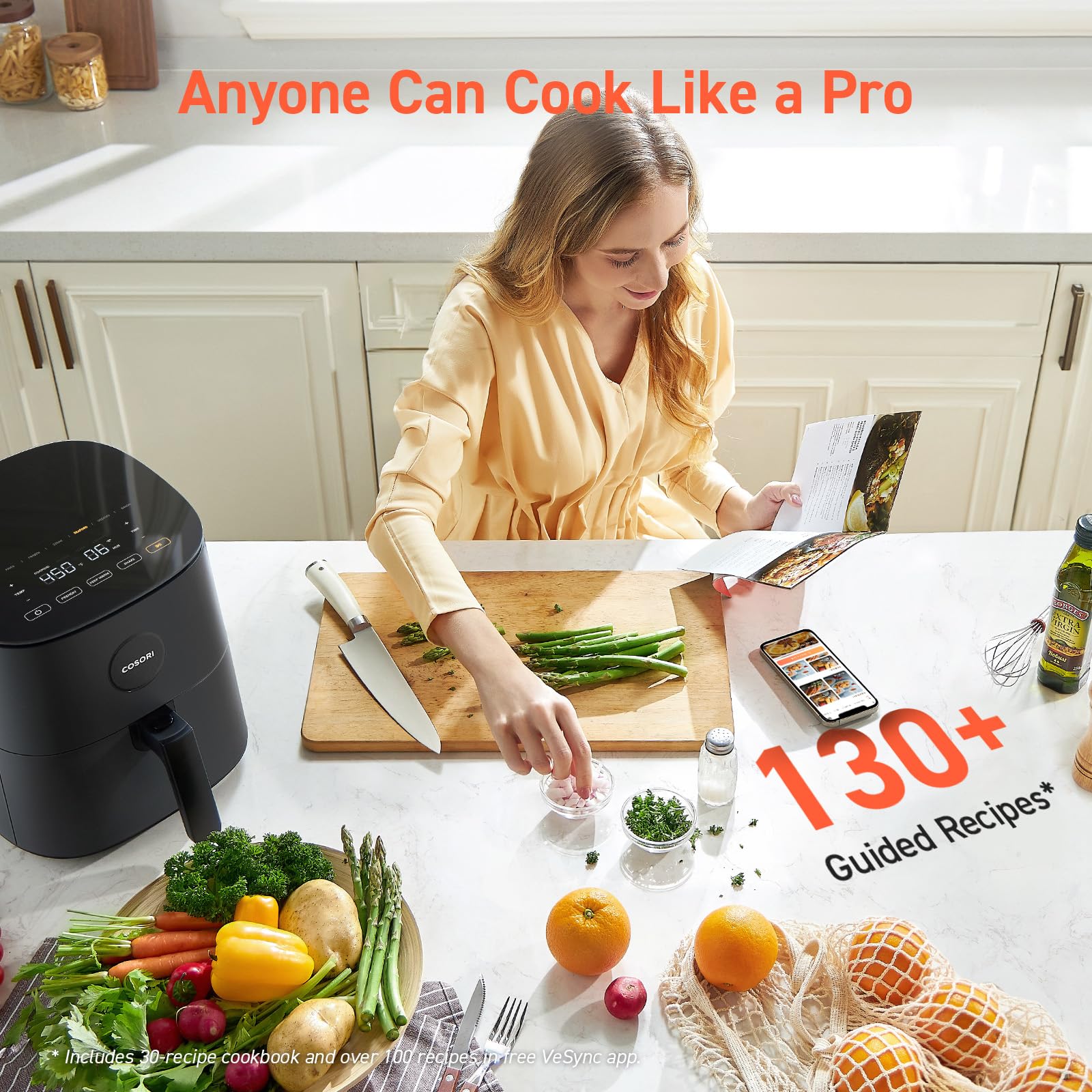 COSORI Air Fryer Pro 9 en 1, compacta 5QT, 450 ℉: cocina de medio tiempo y de calidad de chef, panel de vidrio que se limpia con un solo paño, más de 130 recetas en la aplicación con información nutricional, canasta antiadherente y apta para lavavajillas, cerámica, gris