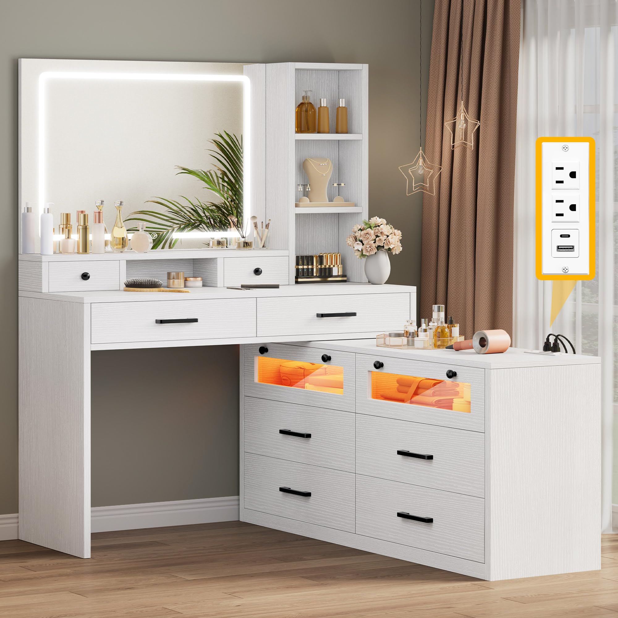 Photo 1 of **** SOME SCREWS MISSING **** YITAHOME Vanity Desk with Mirror and Lights, RGB Makeup Vanity Table Set with 10 Drawers and 4 Storage Shelves, 3 Lighting Modes Adjustable, Large Makeup Dressing Table with Charging Station, White