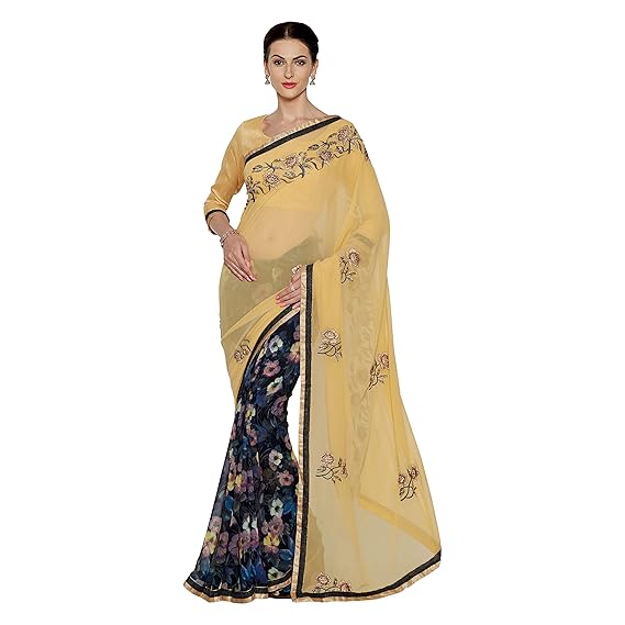 Womens New Party Wear Printed Half & Half Embroidery Sari Having Lace Border & Blouse Piece (3208-Beige, Navy Blue-6.3 meters)