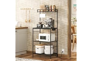 MAHANCRIS Bakers Rack with Power Outlet, Microwave Stand with Paper Holder, Bakers Rack with Storage, Coffee Bar Station with 6 Hooks, for Kitchen, Dining Room, Black BRBK36E01