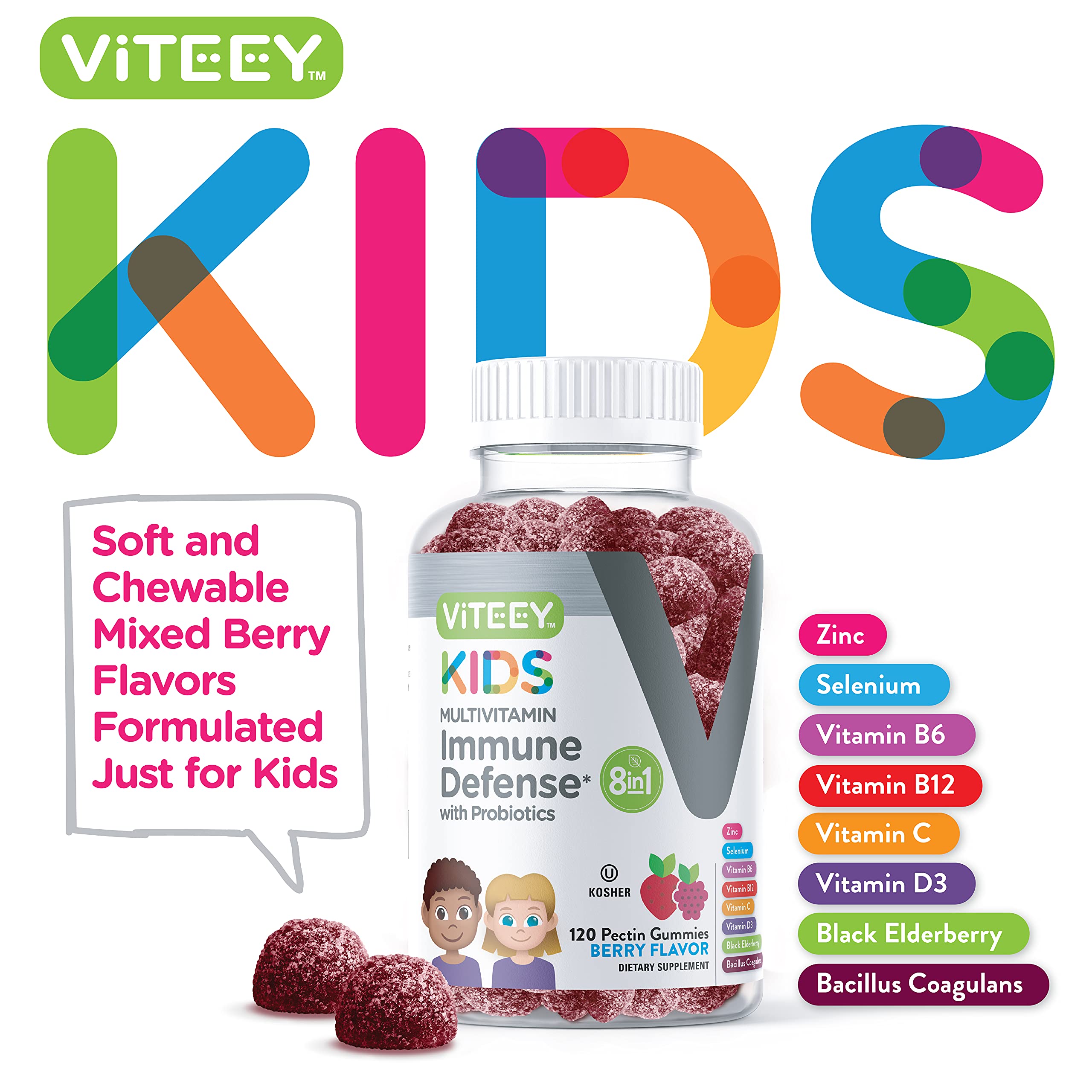Viteey Kids Multivitamin Gummies with Probiotics - 8-1 Kids Vitamins for Immune Health Support with Vitamin C, D3, B12, B6, Zinc, Elderberry, Selenium - Vegetarian - Chewable Tasty Berry Flavored