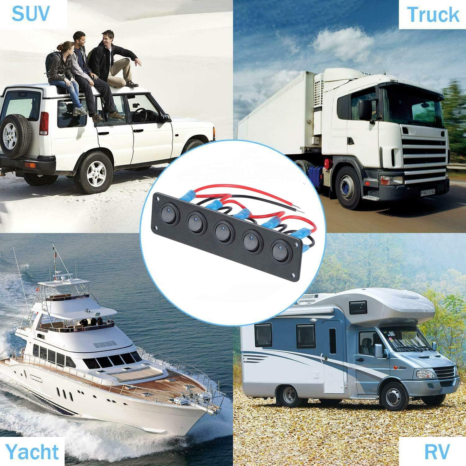 VonSom 12V Rocker Switch Panel Circuit Breaker Waterproof 5 Gang 3 Pin On/Off Toggle LED Switches for RV Marine Car Vehicle Trailer Truck SUV Boat RV Ship DC 12V/24V 20A: Automotive