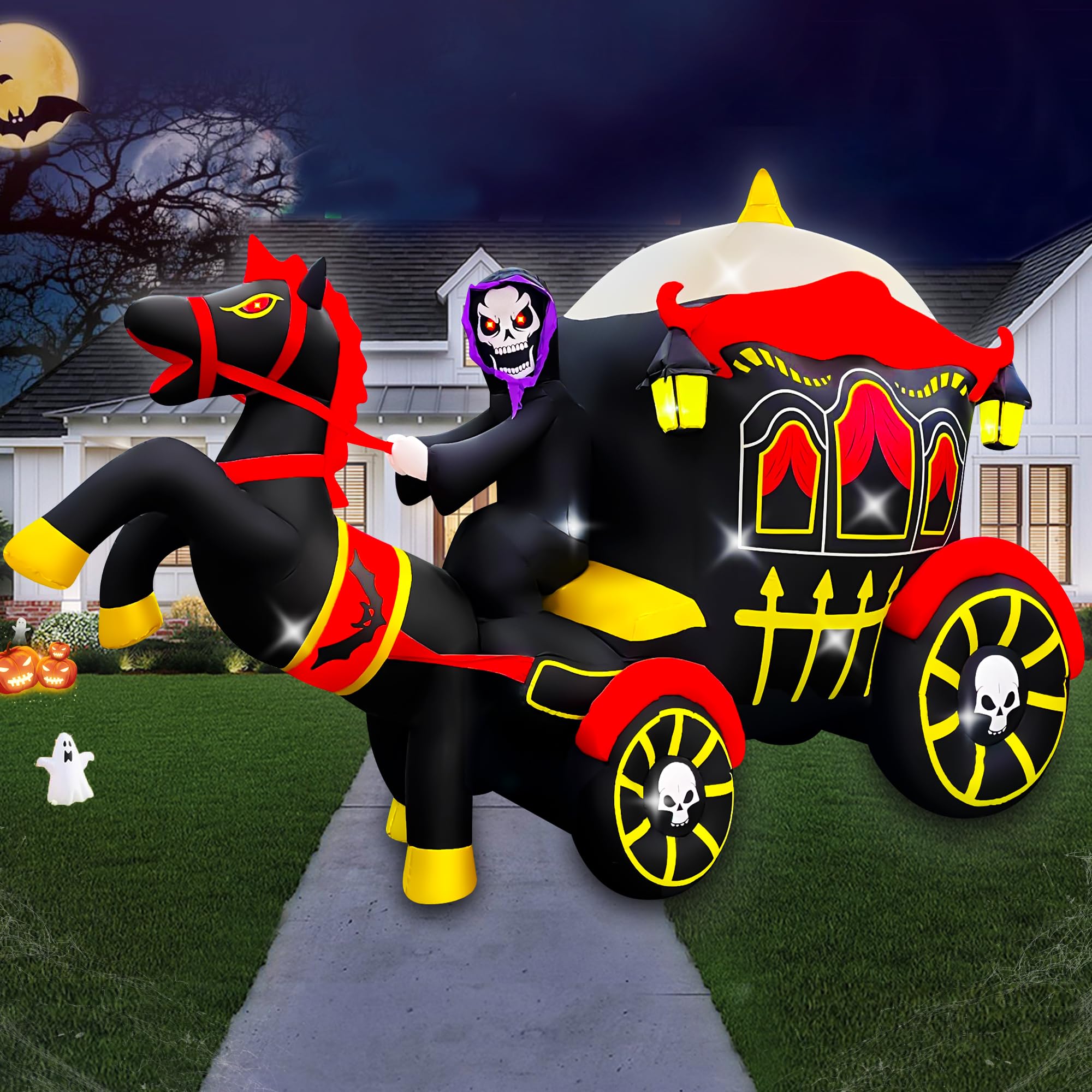 Photo 1 of SEASONBLOW 10 Ft Long Halloween Inflatable Horse Carriage Decoration LED Light Up Giant Blow Up Carriage with Grim Reaper for Halloween Party Indoor Outdoor Garden Yard Decor