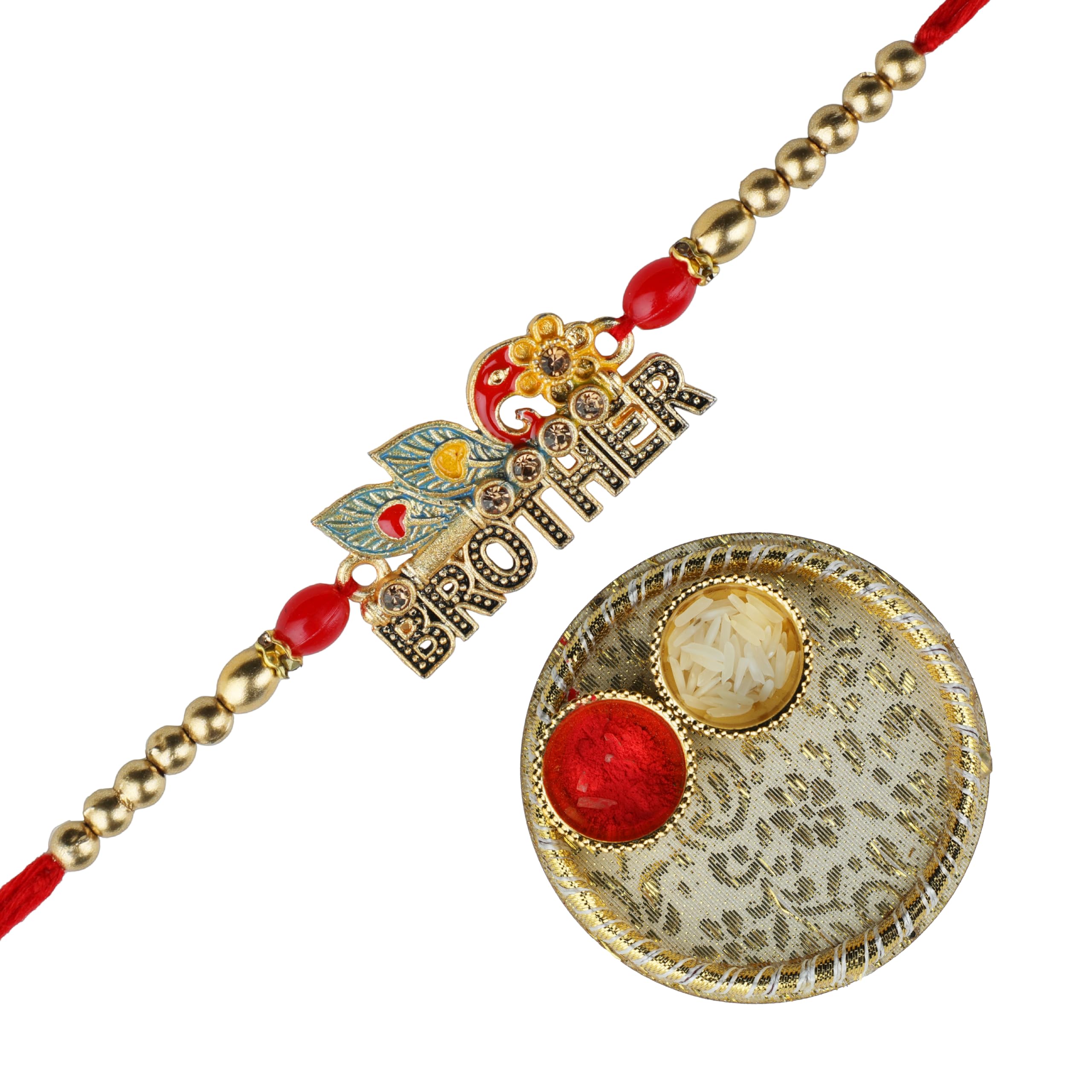 Photo 1 of Rakhi For Brother Single Rakhi for Bhai Bhaiya Veera Rakhi Thread Bracelet Dora for Raksha Bandhan gift pack with Tilak Holder Copra Kumkum Plate Platter for Puja Indian Traditional Festival Rakhi