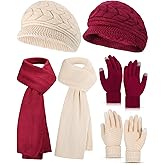 6 Pcs Winter Hat Gloves Scarf Set for Women Warm Knitted Beanie Hat Mittens Scarves Slouchy Visor Hats Scarf Gloves