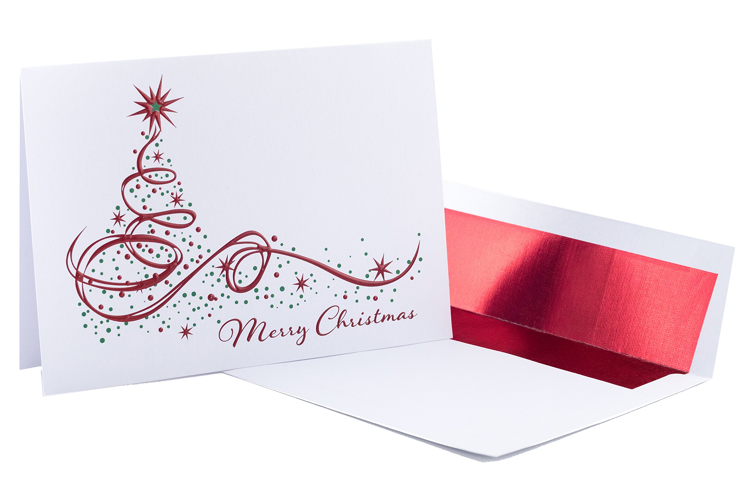 Christmas Cards - Merry Christmas Tree - 20 Pack of Red Embossed Foil Premium Cards and Red Foil Lined Envelopes