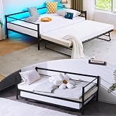 VINGLI Daybed with Trundle Bed Twin, Charging Station and LED Lights,Heavy Duty Metal Twin Daybed with Pop up Trundle for Living Room,Bedroom,Guest Room, No Box Spring Needed,Black