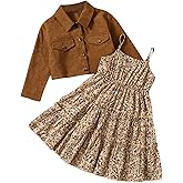 WDIRARA Girl's 2 Piece Outfits Floral Cami Dress Button Down Corduroy Jacket Set