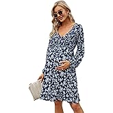Coolmee Women's Maternity Short Sleeve Ruffle Dress V Neck Summer Casual Smocked Flowy Midi Dress for Baby Shower Photoshoot