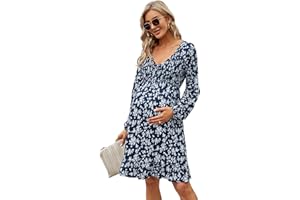 Coolmee Women's Maternity Short Sleeve Ruffle Dress V Neck Summer Casual Smocked Flowy Midi Dress for Baby Shower Photoshoot