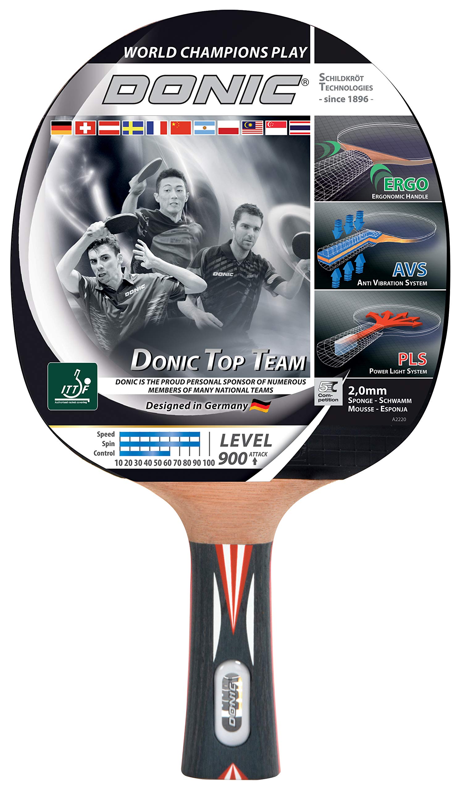 Donic-Schildkröt Top Team 800 Table Tennis Bat, AVS & PLS Handle, 2.0 mm Sponge, Alpha-Slick Pad - ITTF, 754199