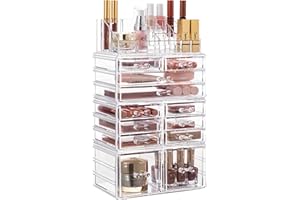 HBlife Acrylic Clear Dustproof Makeup Storage Organizer Drawers Large Skin Care Cosmetic Display Cases for Bathroom Stackable Storage Box with 12 Drawers for Vanity (Clear)
