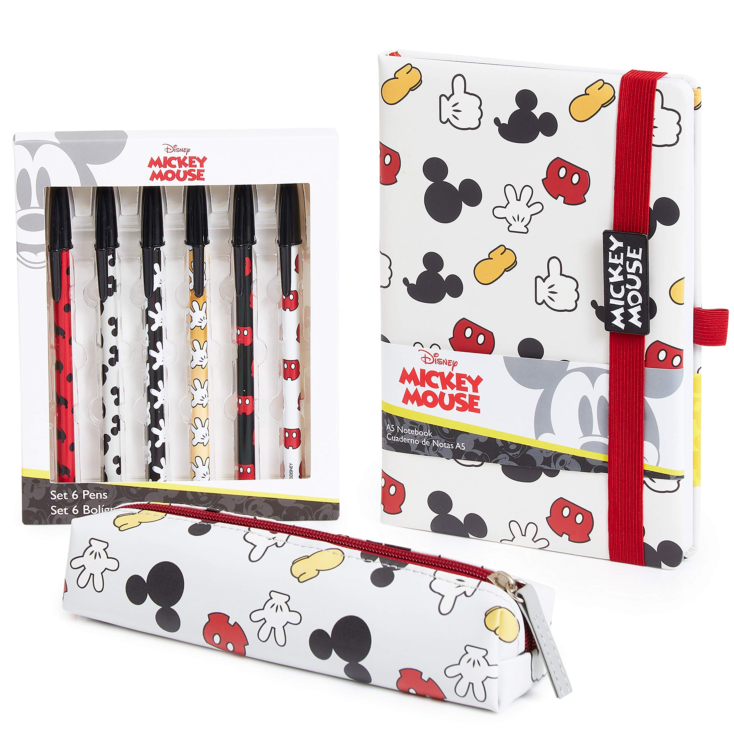 Disney Pencil Case and Stationery Set Eeyore Winnie The Pooh The Mandalorian Minnie Mouse Mickey Mouse Notebook and Pen Set School Supplies Work Office Baby Yoda Gifts (White/Red Mickey)