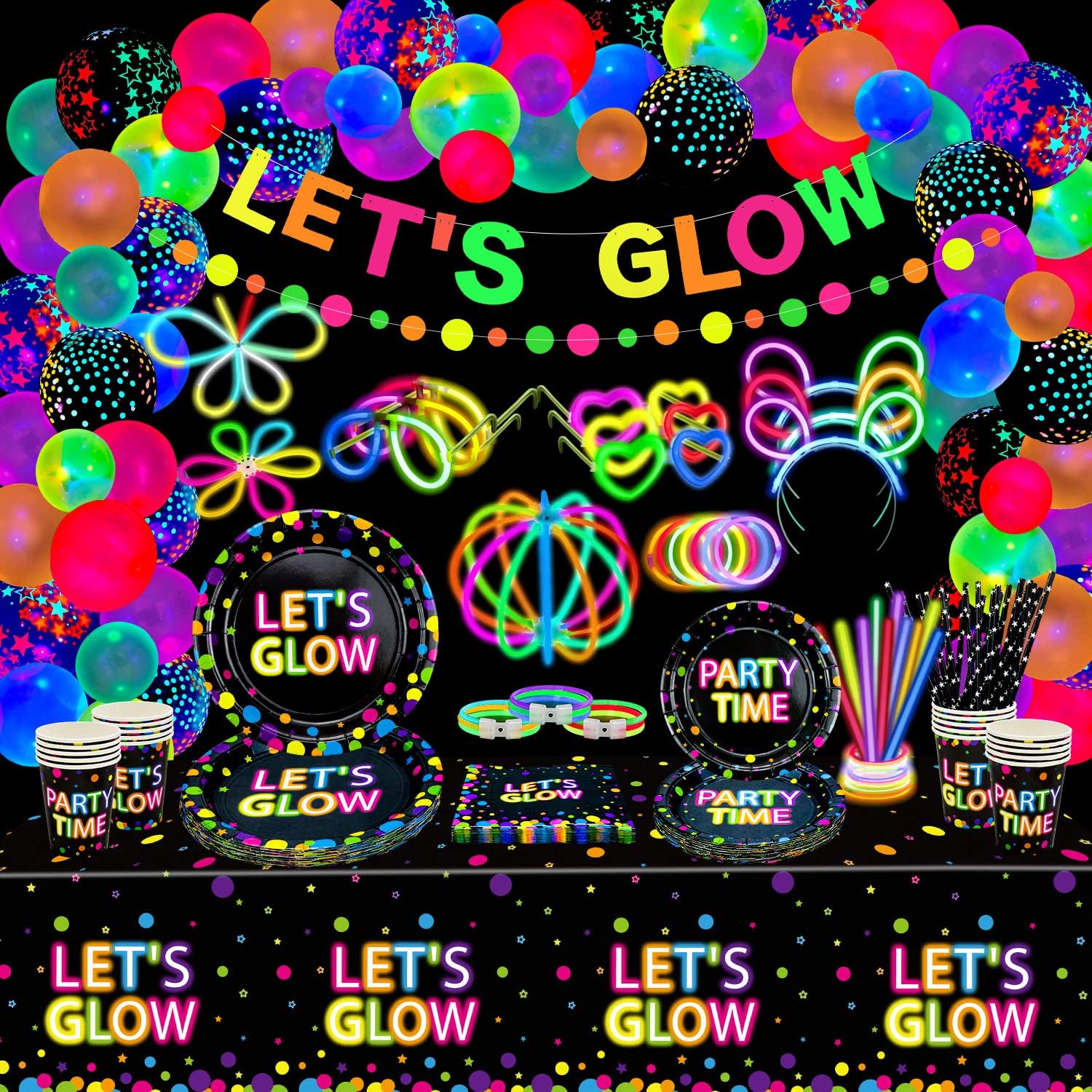 XJLANTTE 398 Pcs Glow in The Dark Party Supplies - Include Glow in The Dark Balloons, Banner, Glow Sticks, Tableware and Tablecloths Glow Party Supplies Black Light Neon Party decor, Serve 20