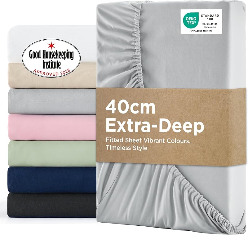 Bedsure Double Fitted Sheet Deep Pocket 16inch Soft Microfiber Grey 135x190cm