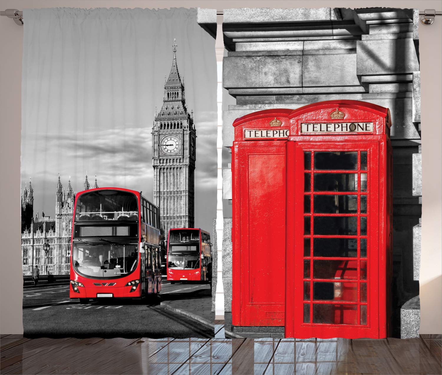 ABAKUHAUS London Curtains, London Telephone Booth in the Street Traditional Local Cultural England UK Retro, Living Room Bedroom Window Drapes 2 Panel Set, 280 x 175 cm, Grey Red
