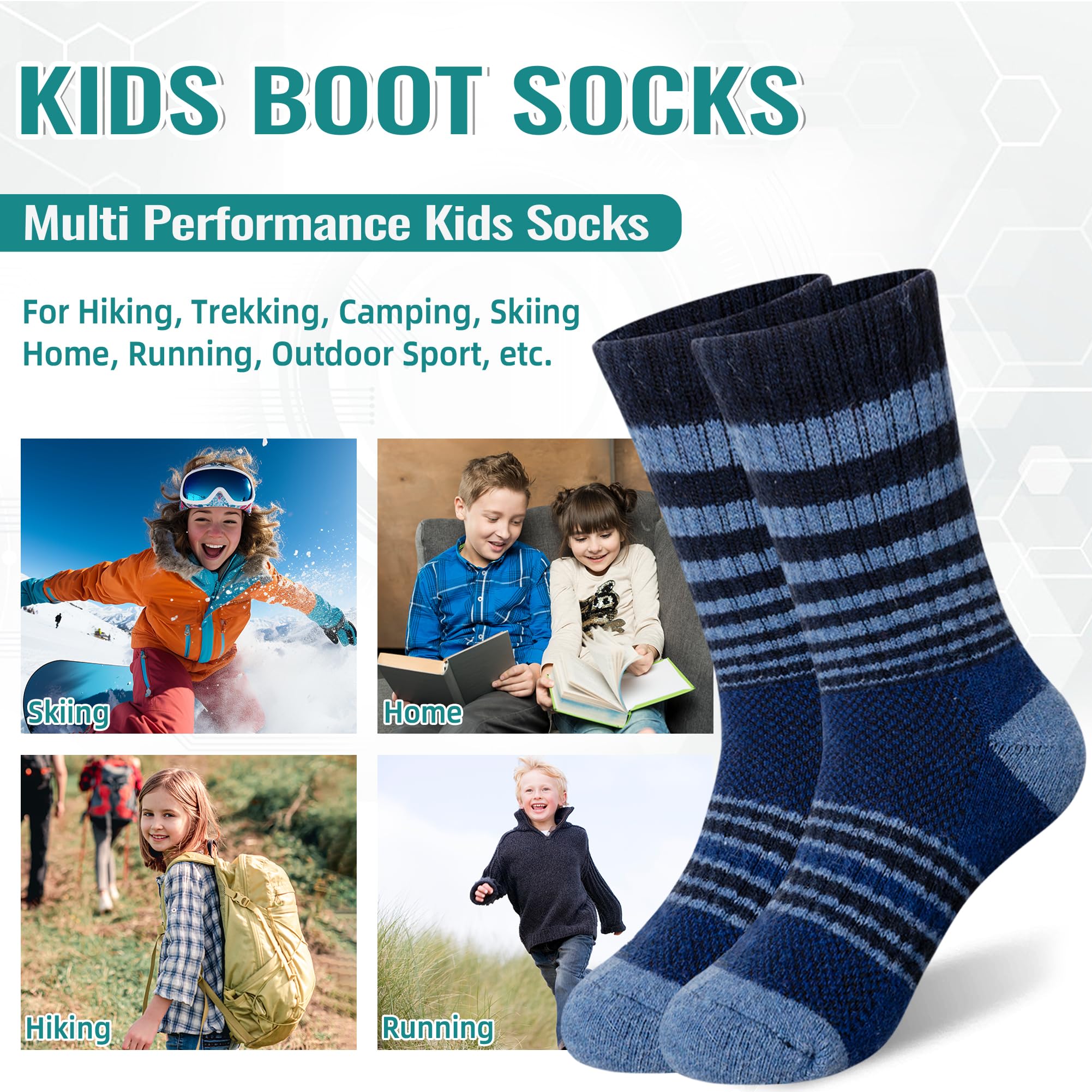Kids Merino Wool Hiking Socks Toddlers Boys Girls Thermal Warm Winter Cushion Moisture Wicking Crew Boot Socks 6 Pairs
