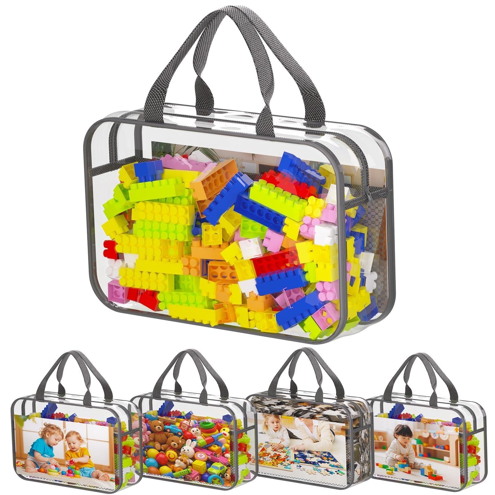 Toy Zippered Blocks Set Storage Bags for Boy Girls - 4PC Large PVC Storage Organizer Bags with Mesh Side Pockets for Puzzle, Clay, Book, Small Models and Mini Plush Toys 30x23x6.6 CM(Grey)