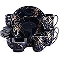 LOVECASA Porcelain Dinnerware Sets for 4, 16 PCS Plates and Bowls Set, Color Glaze with Gold Plate Dish Set, Dinner Sets with Dinner Plates, Dessert Plate, Bowls and Mugs, Dark Blue