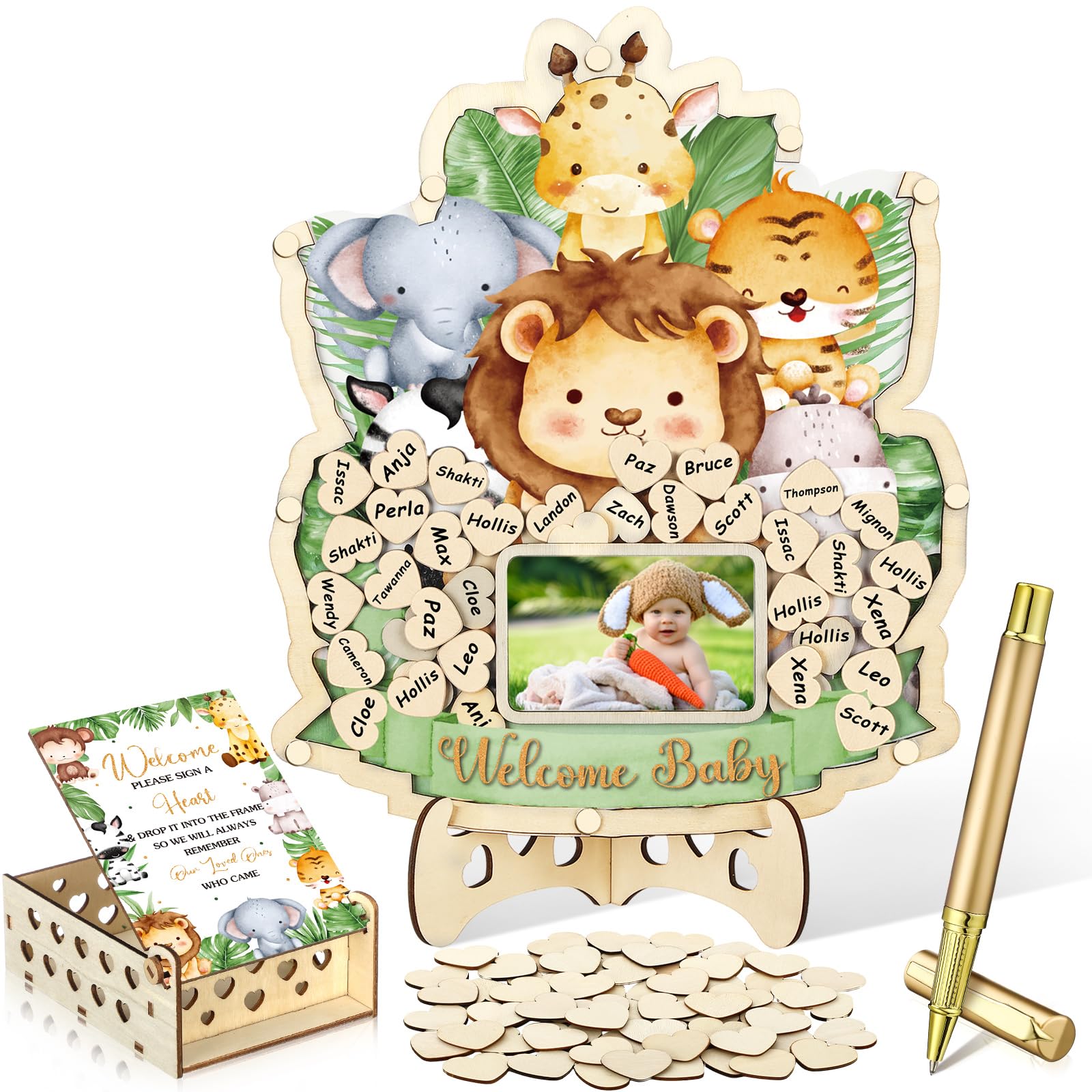 Photo 1 of Wenqik 63 Pcs Safari Animal Baby Shower Guest Book Alternatives Set Baby Shower Decorations with Photo Frame Sonogram Frame Keepsake 60 Wood Slices Guest Book for Birthday