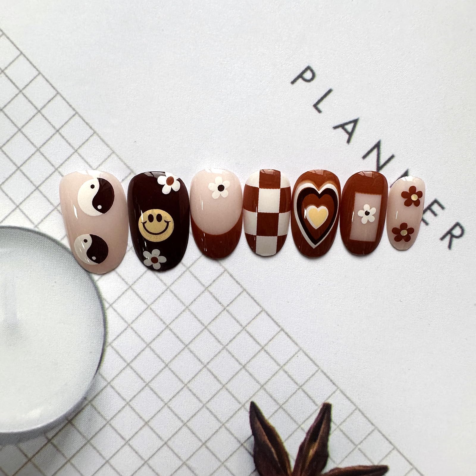 Fall Press on Nails Short Almond Fake Nails Brown French Tip False Nails with Designs Cute Flowers Hearts Acrylic Nails Full Cover Round Head Brown Glue on Nails for Women Girls Autumn Nail Art - Image 5