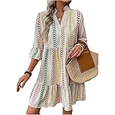 SOLY HUX Women's Summer Dress Striped Notched V Neck 3/4 Sleeve Ruffle Babydoll Flowy Short Dresses