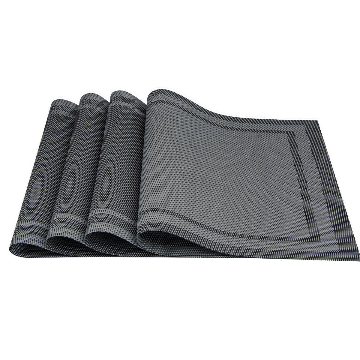ISOTO Placemats Heat-resistant, Stain Resistant PVC Woven Vinyl Table Mats, Kitchen Eat Mats Decoration Dinnerware, Glassware, Flatware Dining Table Set of 4 (Grey)