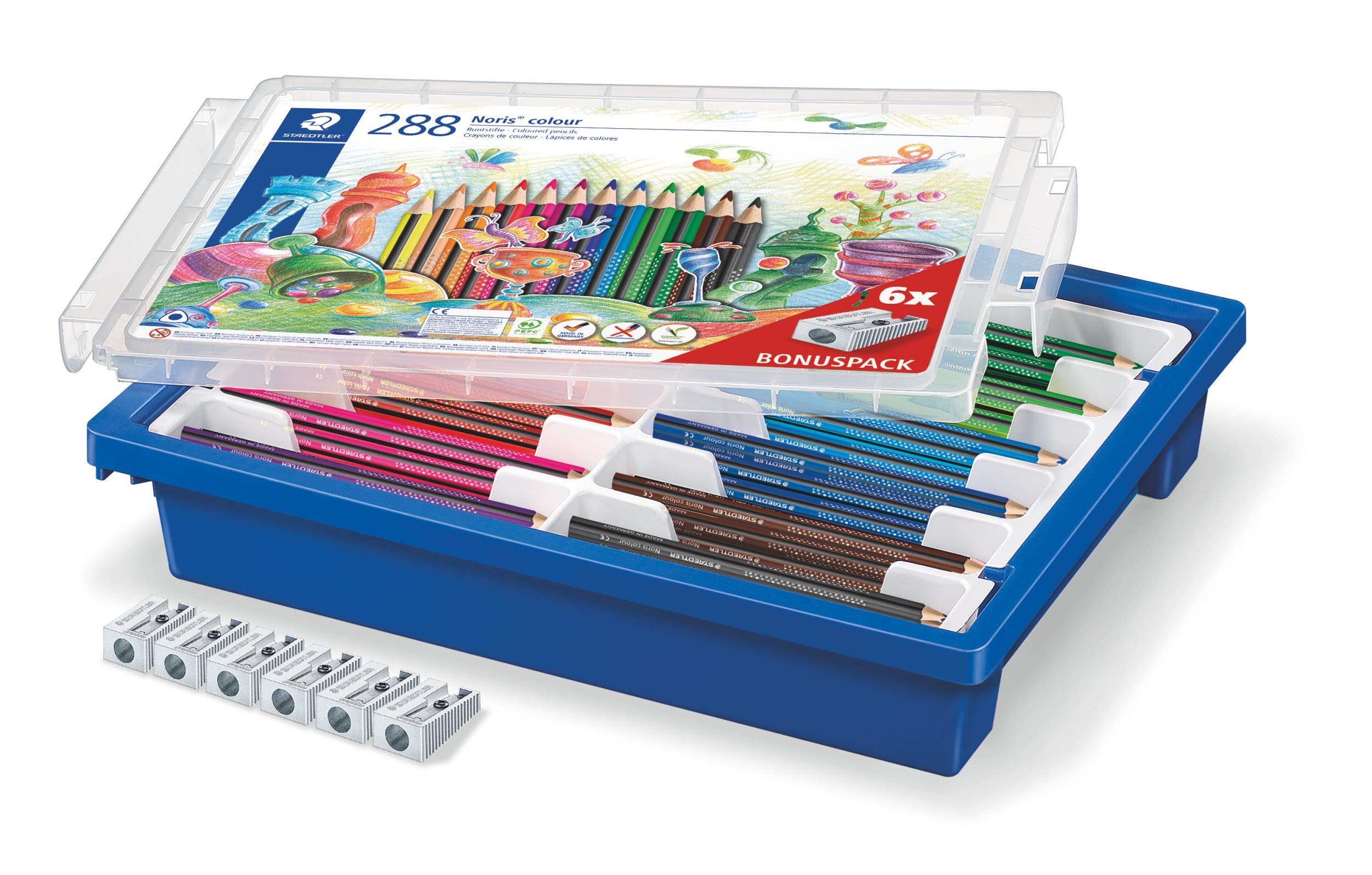 STAEDTLER Noris Colour Colouring Pencil, Increased Breaking Resistance, Triangular Shape, Ergonomic Soft Surface, WOPEX Material, Set of 288 Pencils in 12 Colours and 6 Sharpeners, Class Set, 187 G288
