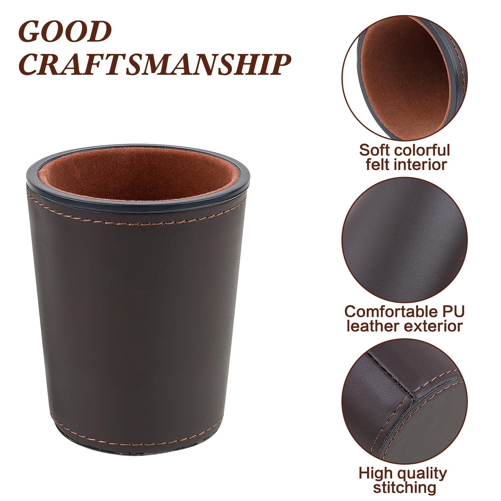 Felt-Lined PU Leather Dice Cup Set, 6 Quiet Dice Shaker Cups with 36 Dices for Bar Party Yahtzee Farkle Dice Games, Coffee