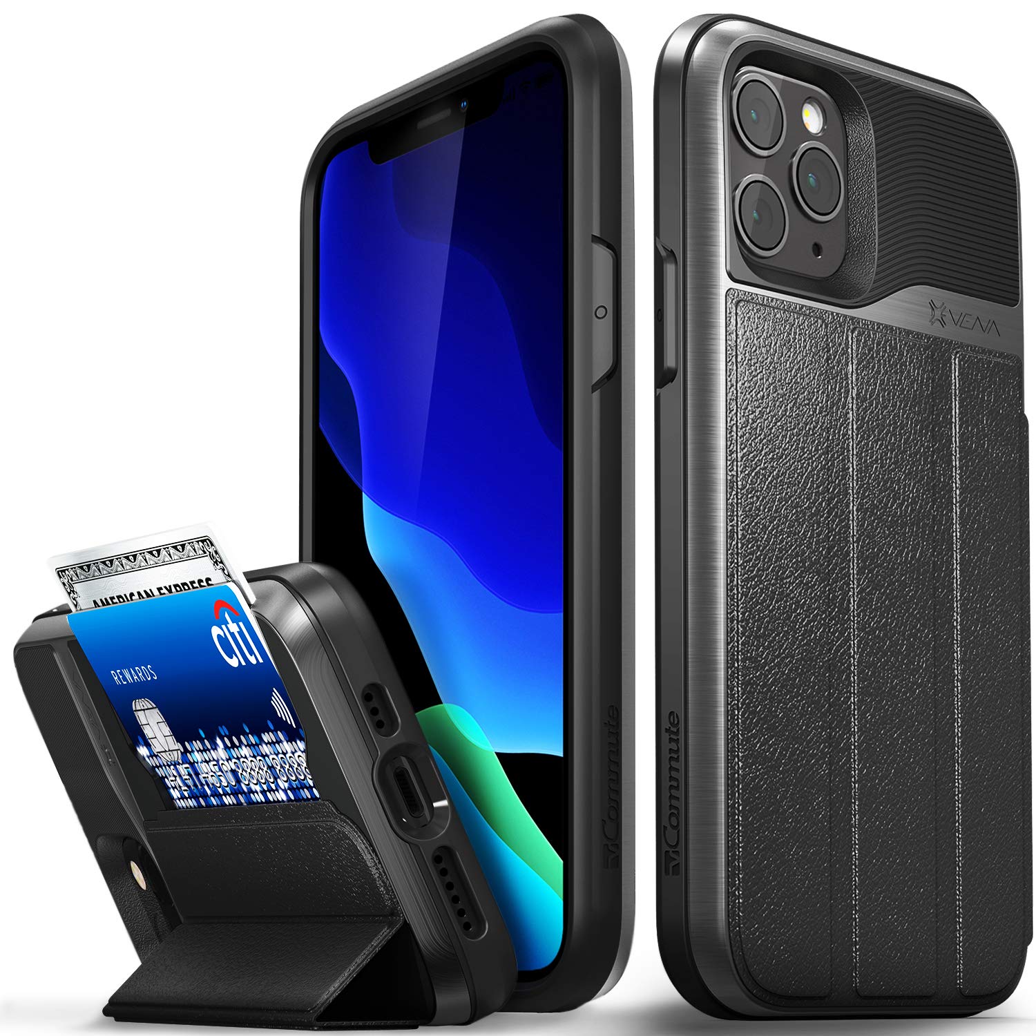 VENA vCommute Wallet Case Compatible with Apple iPhone 11 Pro (5.8"-inch 2019), (Military Grade Drop Protection) Flip Leather Cover Card Slot Holder with Kickstand - Space Gray