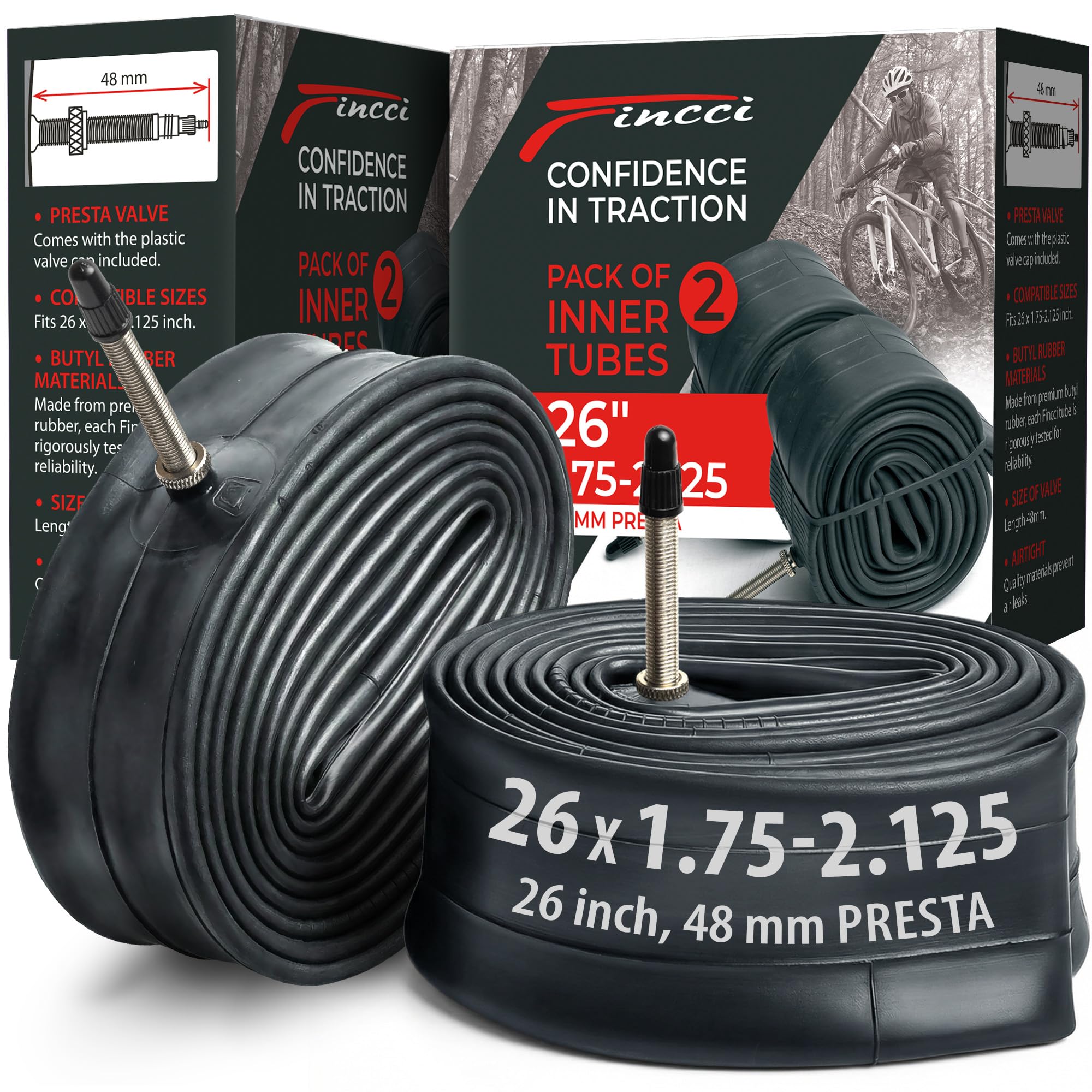 Fincci Pair 26" x 1.75/1.95/2.1/2.125 Inch 48mm Presta Valve Inner Tubes for Mountain MTB Road Hybrid Bicycle Bike (Pack of 2)