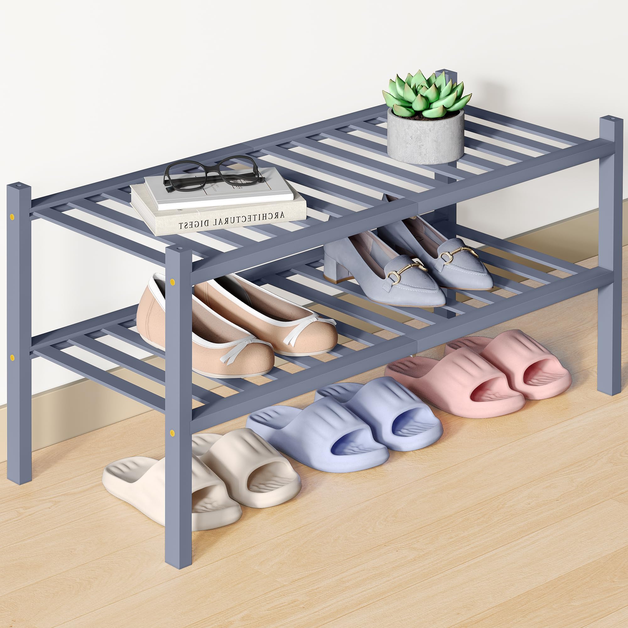 Photo 1 of Smiry Bamboo Shoe Rack for Closet, 2 Tier Wooden Stackable Shoe Organizer, Free Standing Shoes Storage Shelf for Entryway, Front Door Entrance, Grey