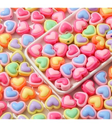 KitBeads 50 Pcs Random 15mm Acrylic Heart Beads – Rainbow Bowknot Beads For Jewelry Making & Crafts
