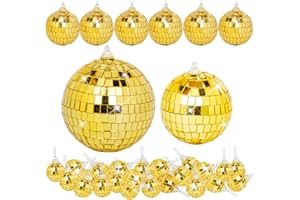 DJBOOMY 32 Pack Mini Disco Balls Decorations Different Sizes Mirror Ball with Hanging String Small Disco Ball Ornament for Disco Theme Party Cake Topper DJ Club Christmas Wedding Home Decor (Gold)