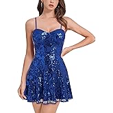 ODIZLI Women's Spaghetti Straps Sparkly Sequins A Line Swing Party Nightclub Dance Mini Dress Above Knee Length