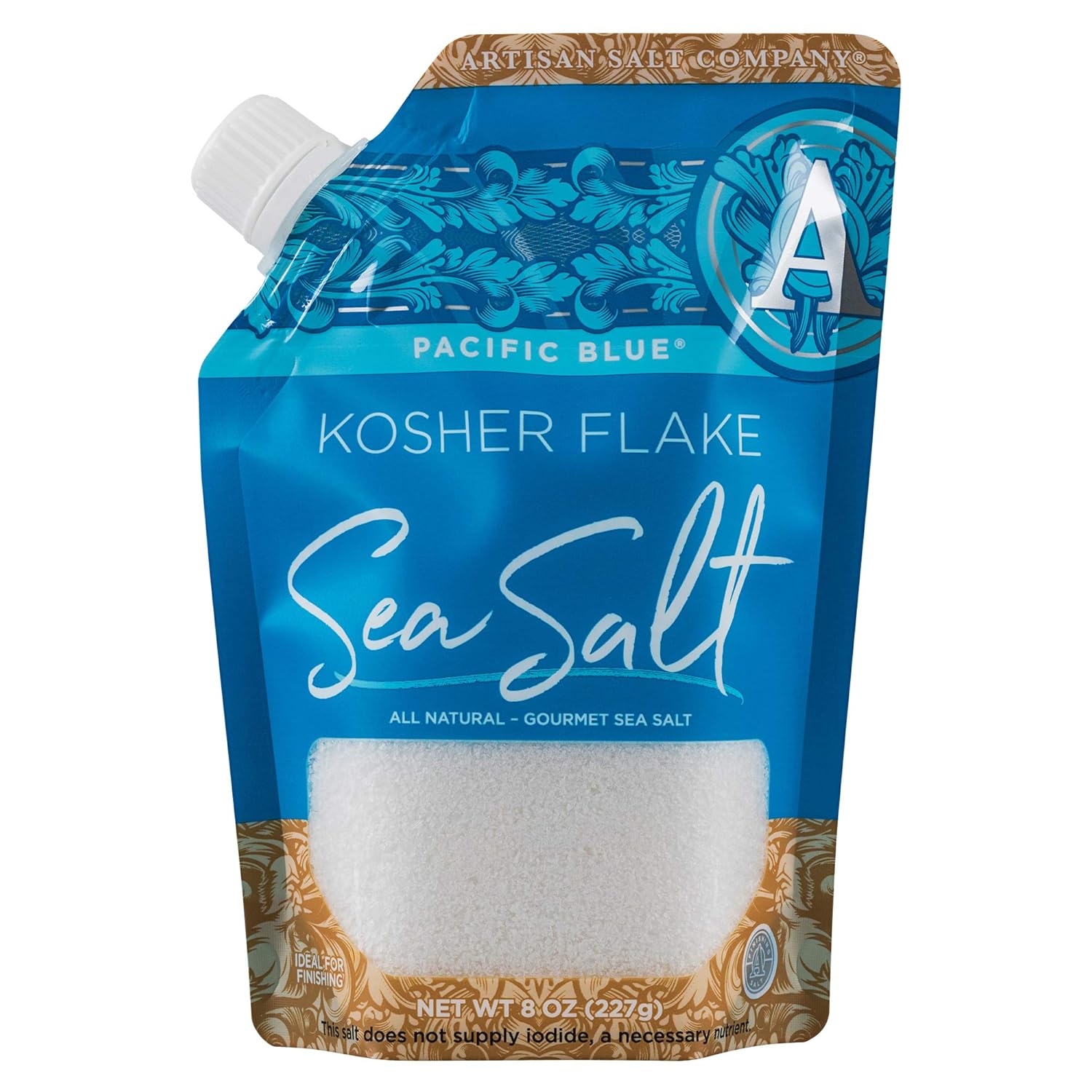 SaltWorks Pacific Blue Kosher Flake Sea Salt, Artisan Pour Spout Pouch, 8 Ounce : Grocery & Gourmet Food