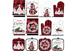 Pickmesh 12 Pcs Christmas Winter Red and Black Check Kitchen Towels and Oven Mitts Set 4 Snowman Buffalo Oven Mitts 4 Christmas Tree Dish Towels and 4 Plaid Hot Pads Accessories for Kitchen Decoration
