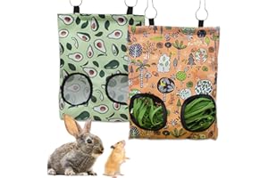 JNYUTEEN 2 Pieces Hay Feeder Bag, 2 Holes Hanging Hay Feeder with Hook, Oxford Rabbit Guinea Pig Hay Feed Bag Cage Accessorie