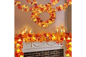 HINZER 4 Pack Fall Decor Garland - Fall Thanksgiving Decorations for Home - 23.6Ft Maple Leaves Garland with Lights Battery Operated for Mantle Fireplace Table Indoor Outdoor Autumn Halloween Christmas Decor