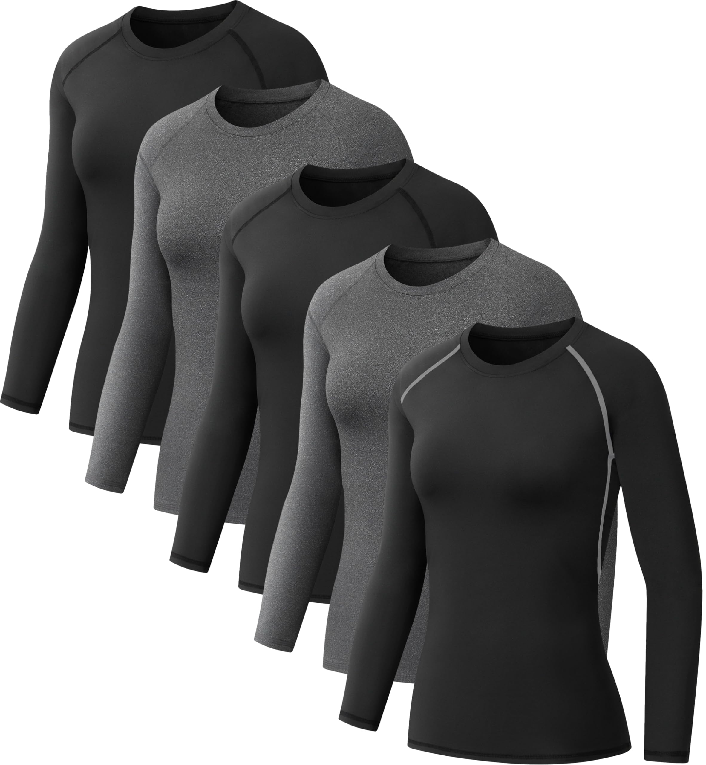 NebuKinex 5 Pack Women's Compression Shirt Long Sleeve Workout Tops Athletic Baselayer Quick Dry Gym Yoga Running T-Shirt 3Black/2Grey L Image