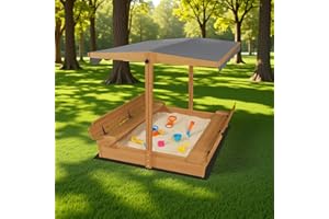 GARWOOD Large Wooden Outdoor Sandbox with Lid Cover Adjustable Canopy Foldable Bench Seat Bottom Liner Sand Box for Garden Patio Beach Backyard Play Sand Pit Aged 3-12 Years Old 48x48in (Brown)