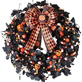 Bibelot 22inch Black Halloween Wreaths for Front Door Bow Decorative | Halloween Wreath with Orange Pumpkin Berries, Black Maple Leave for Party Holiday Celebration Indoor Outdoor Home Decoration
