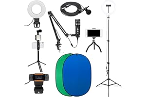VLOGTECH Vlogging Kit for iPhone, Desktop, Android, 10" 5ft+ Ring Light, Microphone & Boom arm, 6.5ft Background Blue & Green Screen, Portable Vlogging Kit, 1080p Webcam, and Many More! $300+ Value