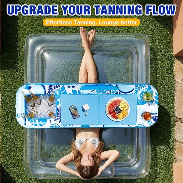 AYEBOOVI EXTRA LARGE INFLATABLE TANNING POOL FLOAT TRAY – 61″ L X 18″ W NON-SLIP SUNBATHING BED TRAY WITH COOLER ICE BAR FOR TANNING LOUNGE RAFT & BLOW UP SUNTAN TUB POOL STUFF PARTY GIFTS