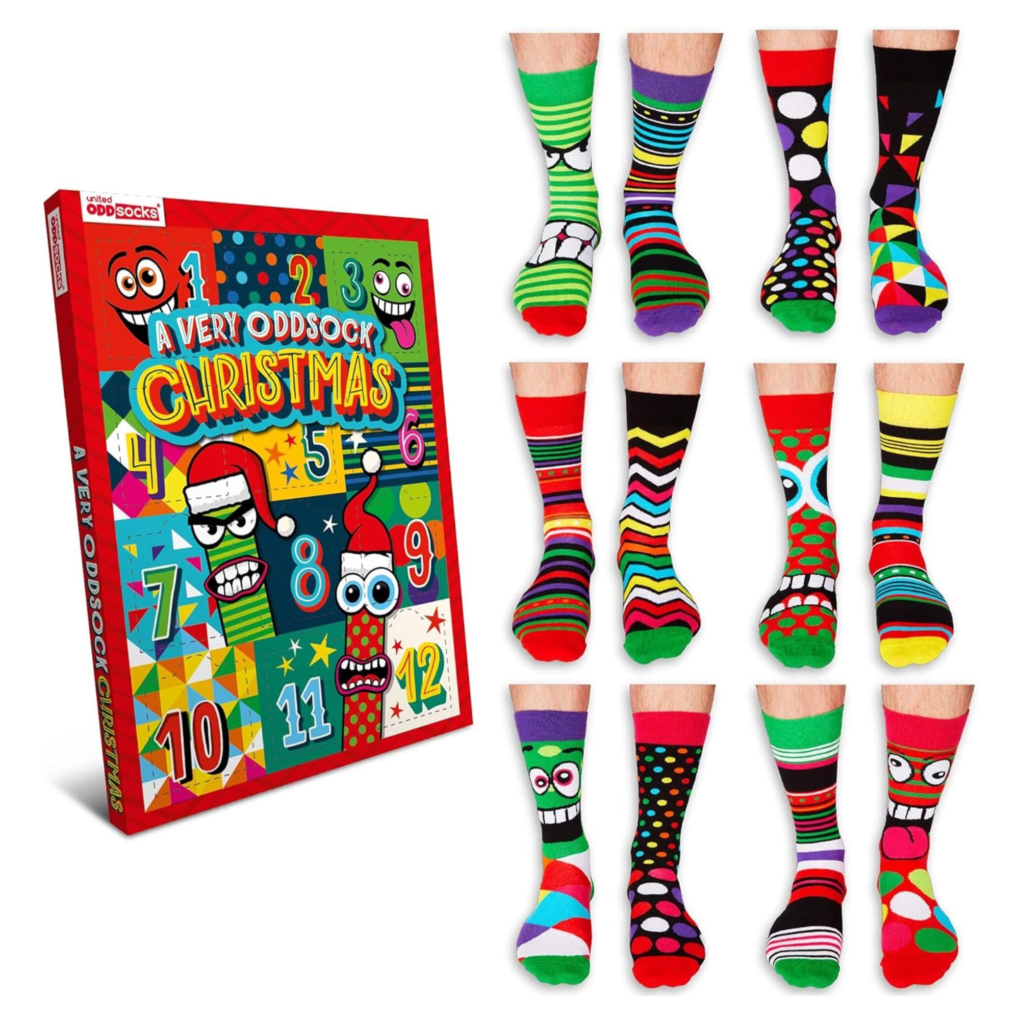 United Oddsocks A Very Oddsock Christmas - 12 Mix & Match Novelty Socks Advent Calendar for Men - UK Size 6–11, EUR 39–46, US 7–12 - Festive Calf-Length Gift Set with Bold Colours & Fun Characters