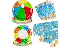 HEGBOLKE Beach Ball Birthday Party Supplies Serve 40 - 162Pcs Plates Napkins Tablecloth Forks Set for Hawaiian Aloha Luau Beach Pool Barbecue Party Beach Ball Happy Birthday Party Favor Supplies