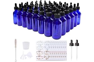 Comrzor 48 Pack 2oz Cobalt Blue Glass Bottles with Glass Eye Droppers for Essential Oils, Perfumes & Lab Chemicals (Brush, Funnels, 2 Extra Droppers, 54 Pieces Labels & 30ml Measuring Cup Included)