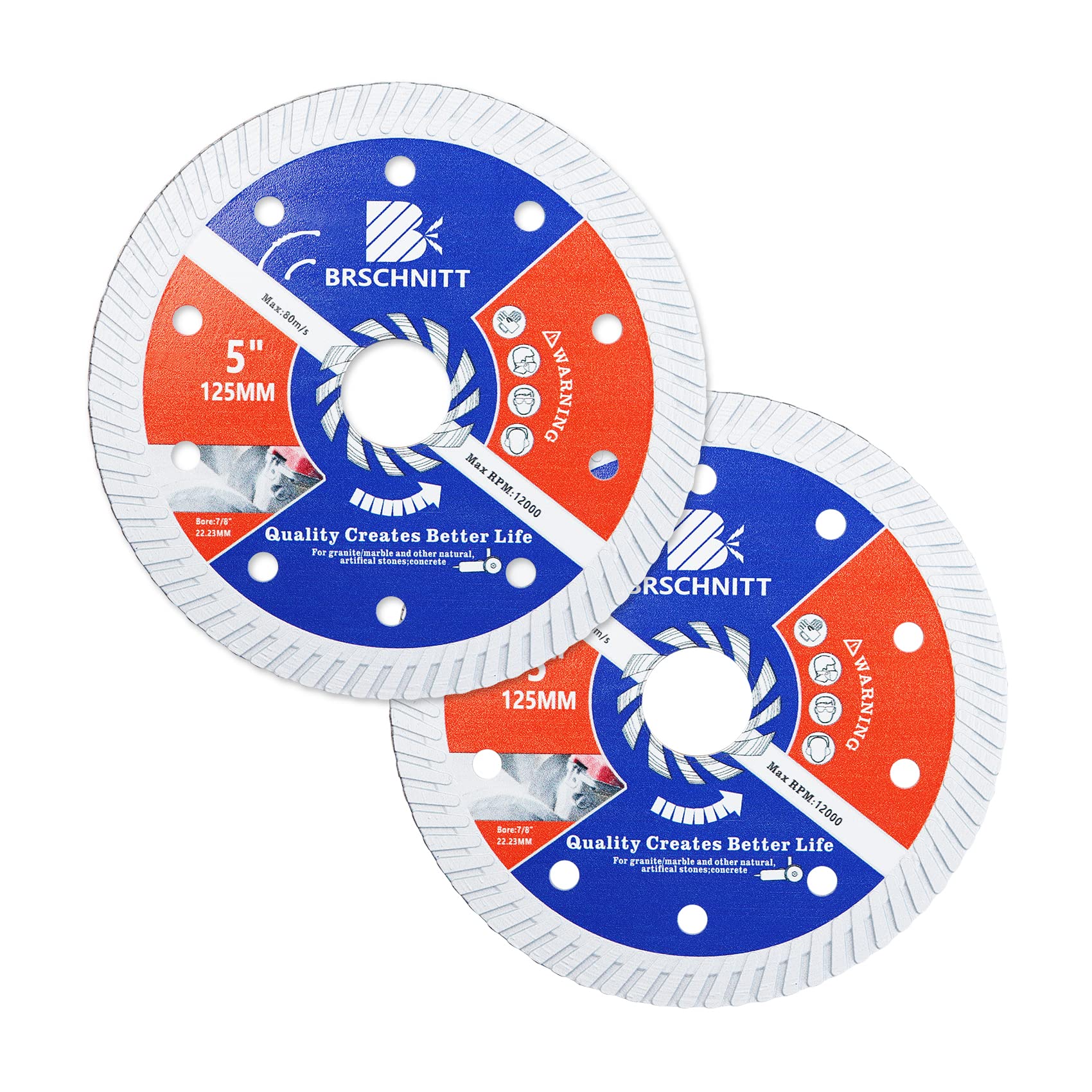BRSCHNITT Diamond Discfor Concrete Masonry,2pcs 125mm with Arbor 22.23mm Dry/Wet Continuous Rim Diamond Cutting Disc for Granite Marble Stone Hard Concrete Reinforced Concrete
