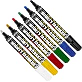 Mighty Marker PM-19 Industrial Paint Marker, Xylene-Based, Permanent &amp; Quick-Dry, 3.2mm Bullet / 4.8mm Chisel Dual Tip, Waterproof, 13ml Capacity, 6 Bonus Tips, Made in USA, Assorted 6 pack